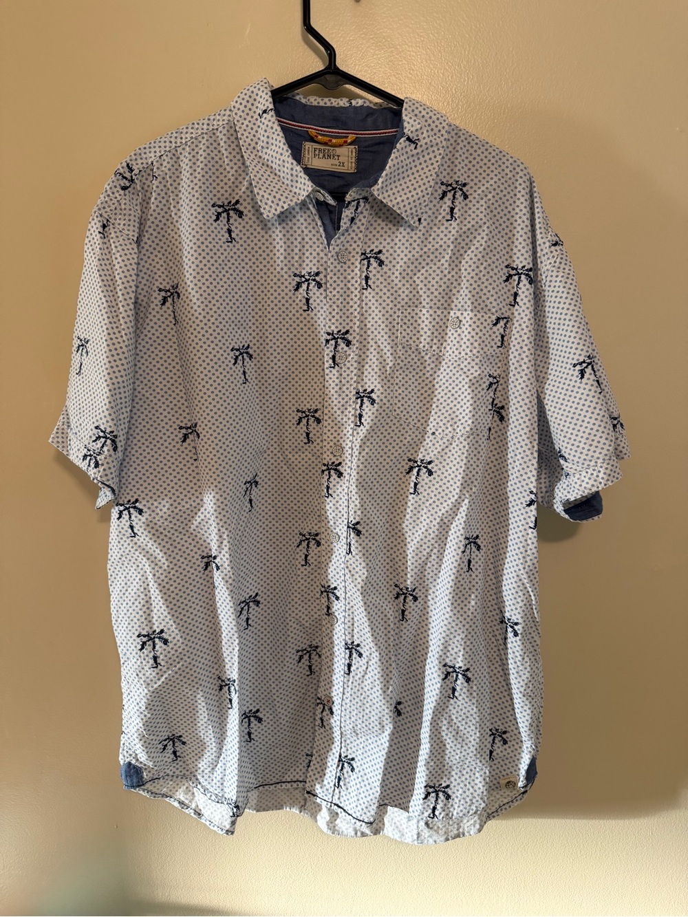 Free Planet Light Blue Short Sleeve Button-Up Shirt with Navy Palm Print